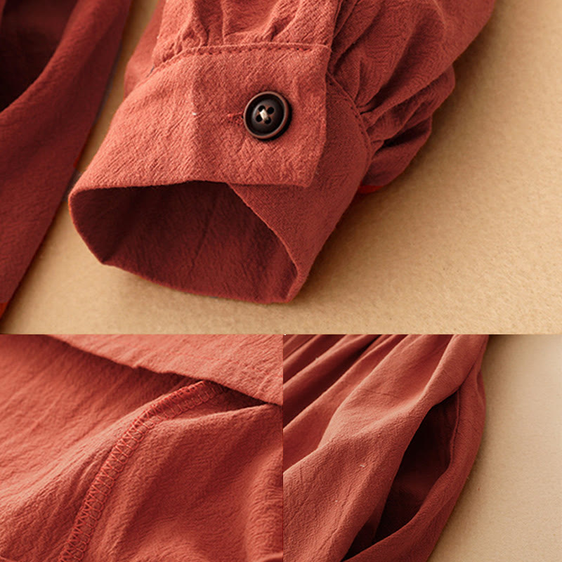 Buddha Stones Fall Lapel Buttons Lace-Up Design Cotton Long Sleeve Midi Dress With Pockets - image 8