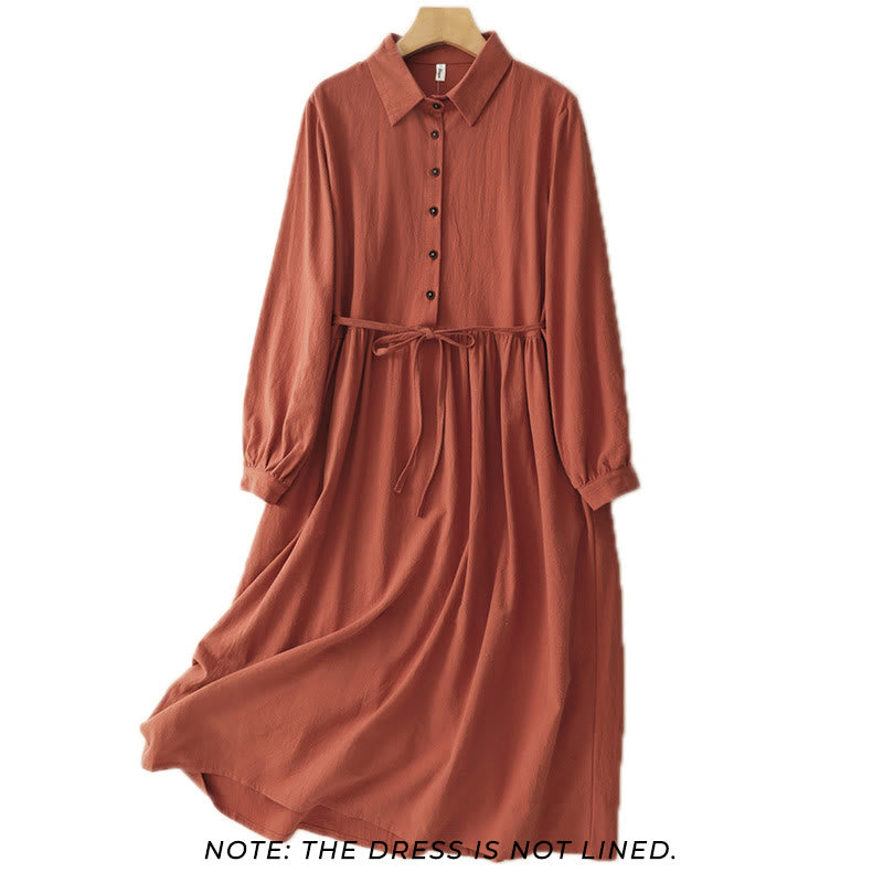 Buddha Stones Fall Lapel Buttons Lace-Up Design Cotton Long Sleeve Midi Dress With Pockets - image 1