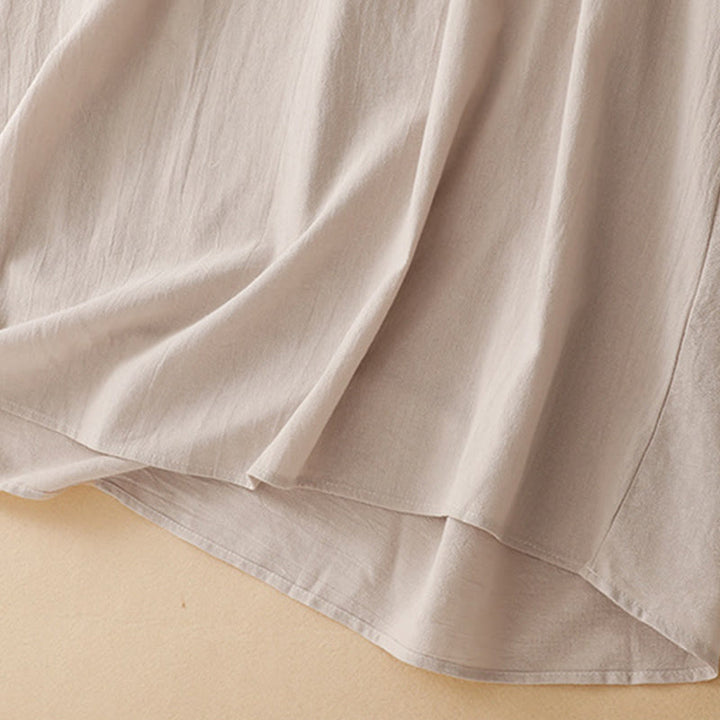 Buddha Stones Pure Color Stand Collar Double-breasted Buttons Design Cotton Long Sleeve Midi Dress - image 8