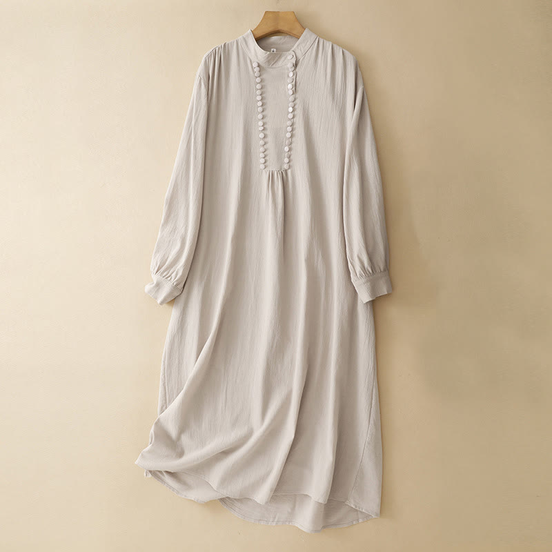 Buddha Stones Pure Color Stand Collar Double-breasted Buttons Design Cotton Long Sleeve Midi Dress - AntiqueWhite - US14，UK/AU18，EU46 (2XL) - image 0