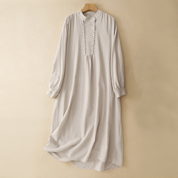 Buddha Stones Pure Color Stand Collar Double-breasted Buttons Design Cotton Long Sleeve Midi Dress - AntiqueWhite - US14，UK/AU18，EU46 (2XL) - image 0