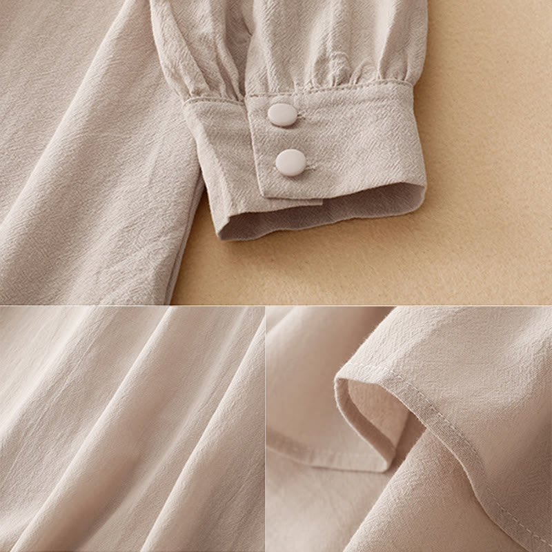 Buddha Stones Pure Color Stand Collar Double-breasted Buttons Design Cotton Long Sleeve Midi Dress - image 9