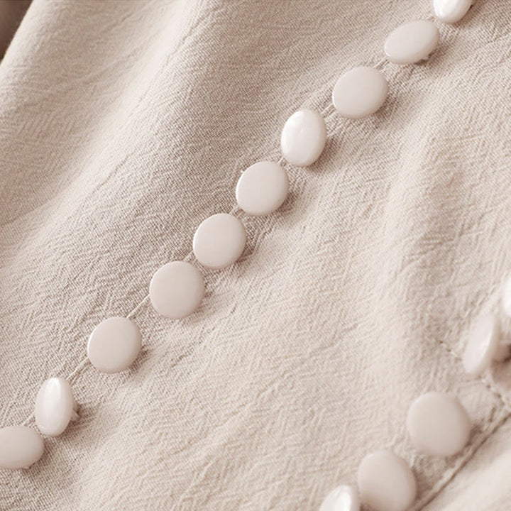 Buddha Stones Pure Color Stand Collar Double-breasted Buttons Design Cotton Long Sleeve Midi Dress - image 3