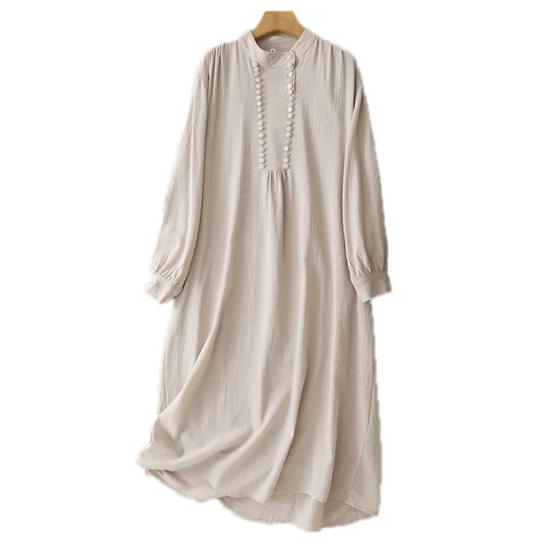 Buddha Stones Pure Color Stand Collar Double-breasted Buttons Design Cotton Long Sleeve Midi Dress - image 10