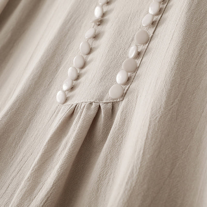 Buddha Stones Pure Color Stand Collar Double-breasted Buttons Design Cotton Long Sleeve Midi Dress - image 4