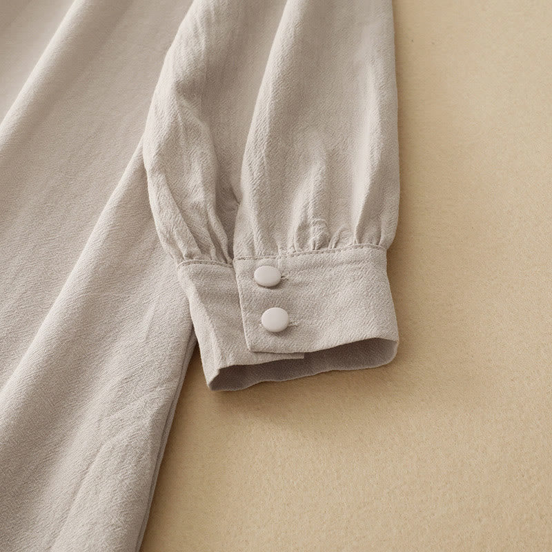 Buddha Stones Pure Color Stand Collar Double-breasted Buttons Design Cotton Long Sleeve Midi Dress - image 5