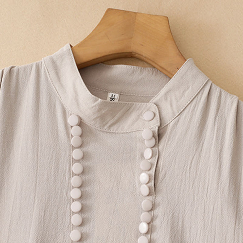 Buddha Stones Pure Color Stand Collar Double-breasted Buttons Design Cotton Long Sleeve Midi Dress - image 2