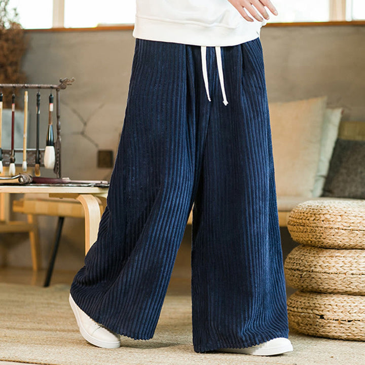 Buddha Stones Commute Plain Drawstring Men's Wide Leg Cotton Corduroy Pants With Pockets - image 15