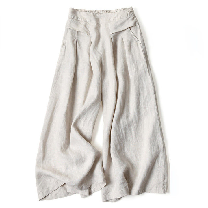 Buddha Stones Plain Color Cotton Linen High Waist Wide Leg Pants With Pockets - Beige - US16，UK/AU20，EU48 (3XL) - image 10