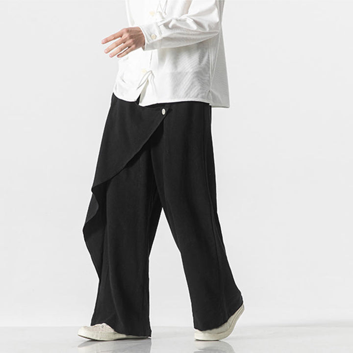 Buddha Stones Asymmetrical Patched Design Plain Men's Cotton Pants With Pockets - image 10