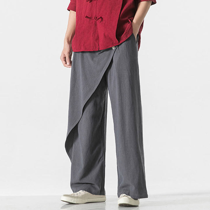 Buddha Stones Asymmetrical Patched Design Plain Men's Cotton Pants With Pockets - image 5