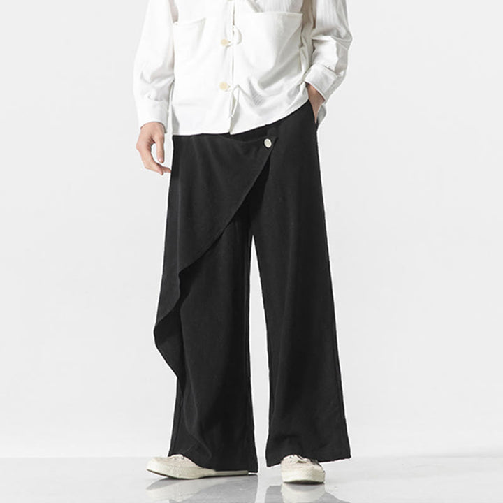 Buddha Stones Asymmetrical Patched Design Plain Men's Cotton Pants With Pockets - image 13