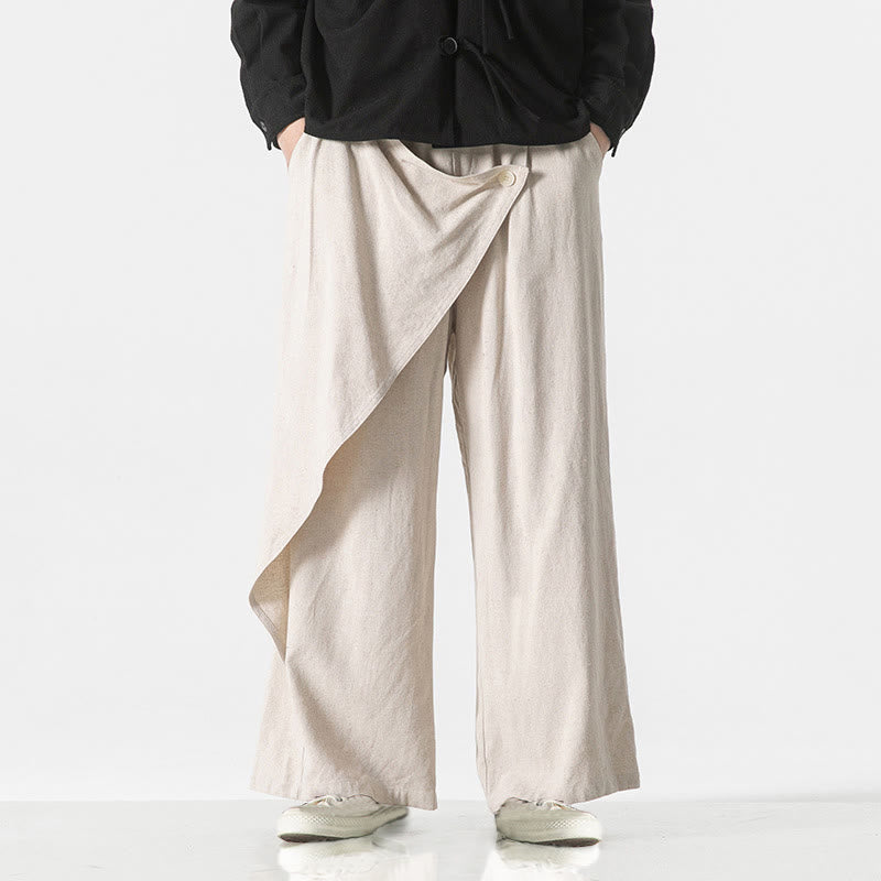 Buddha Stones Asymmetrical Patched Design Plain Men's Cotton Pants With Pockets - image 23