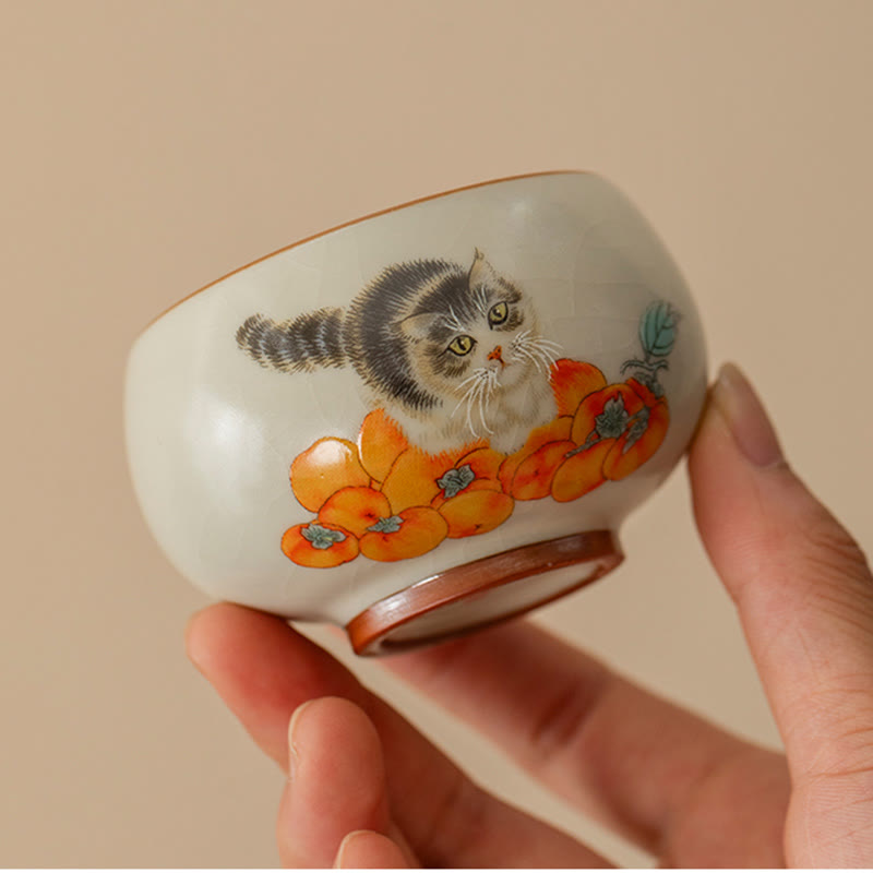 Buddha Stones Cute Persimmon Cat Teacup Kung Fu Tea Cup - image 4