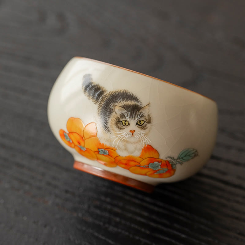 Buddha Stones Cute Persimmon Cat Teacup Kung Fu Tea Cup - image 2