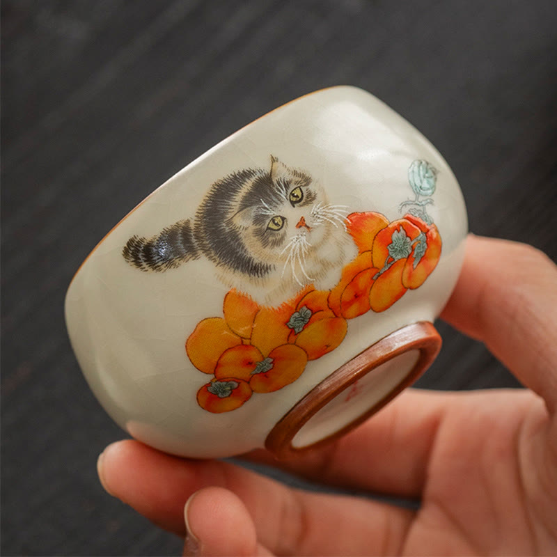 Buddha Stones Cute Persimmon Cat Teacup Kung Fu Tea Cup - image 3