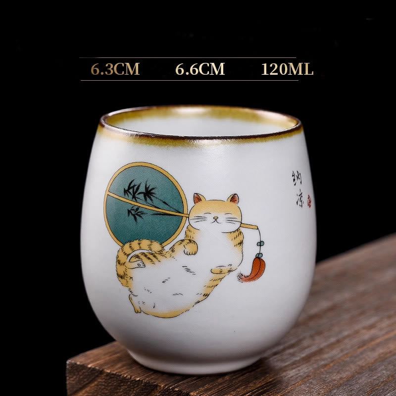 Buddha Stones Cute Lying Cat Branches Teacup Kung Fu Tea Cup - Lying Cat & Fan 6.3cm*6.6cm*120ml - image 13