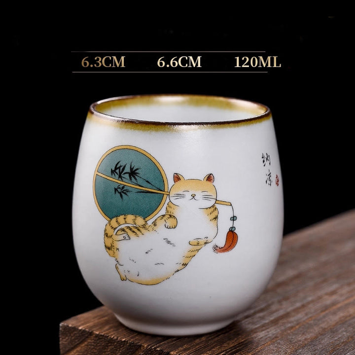 Buddha Stones Cute Lying Cat Branches Teacup Kung Fu Tea Cup - Lying Cat & Fan 6.3cm*6.6cm*120ml - image 13
