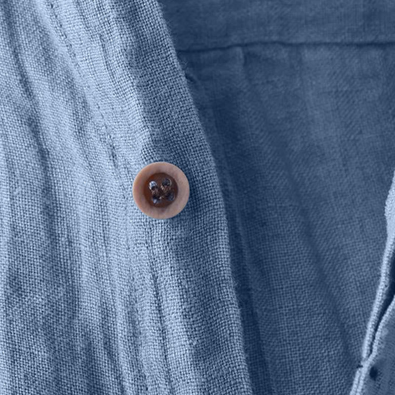 Buddha Stones Men's Shirt Solid Color Lapel Top Long Sleeve Comfy Button Crease Cotton Linen Shirt - image 2