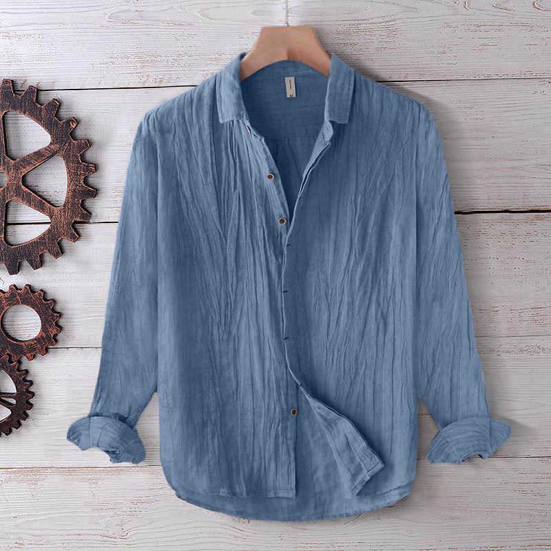 Buddha Stones Men's Shirt Solid Color Lapel Top Short Sleeve Comfy Button Crease Cotton Linen Shirt - Long Sleeve - CornflowerBlue - US/UK/AU50，EU60 (5XL) - image 15