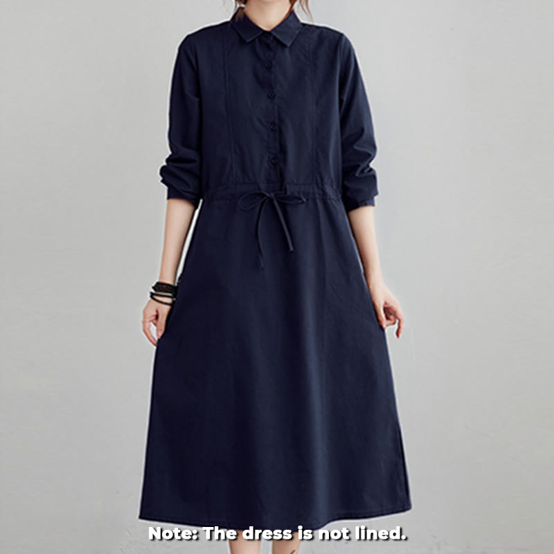 Buddha Stones Fall Solid Color Lace-Up Design Lapel Long Sleeve Cotton Midi Dress With Pockets - image 1