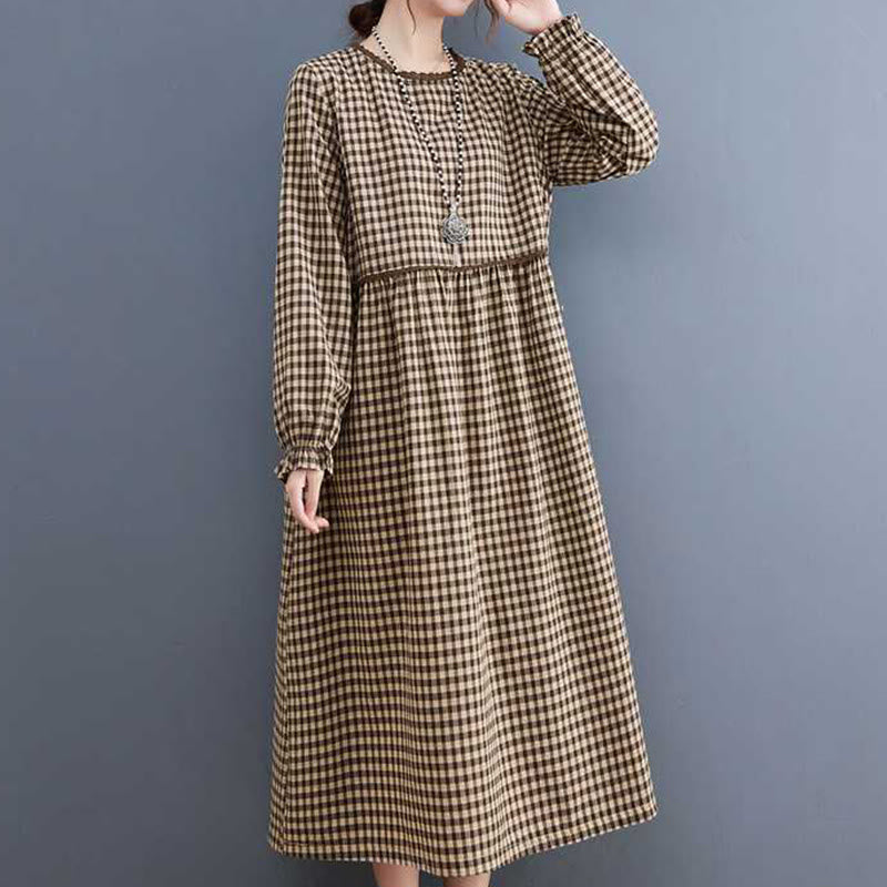 Buddha Stones Fall Plaid Pattern Ruffled Crew Neck Design Cotton Long Sleeve Midi Dress With Pockets - SaddleBrown - US8-10，UK/AU12-14，EU40-42 (2XL) - image 0