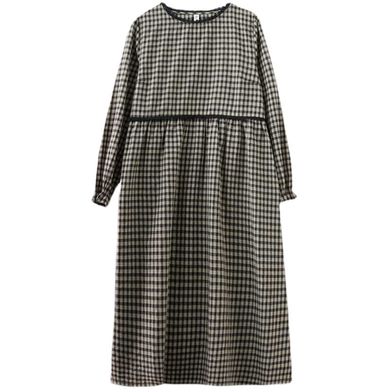 Buddha Stones Fall Plaid Pattern Ruffled Crew Neck Design Cotton Long Sleeve Midi Dress With Pockets - image 18