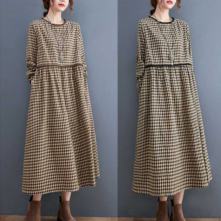 Buddha Stones Fall Plaid Pattern Ruffled Crew Neck Design Cotton Long Sleeve Midi Dress With Pockets - image 19