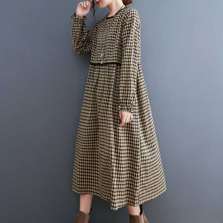 Buddha Stones Fall Plaid Pattern Ruffled Crew Neck Design Cotton Long Sleeve Midi Dress With Pockets - image 9