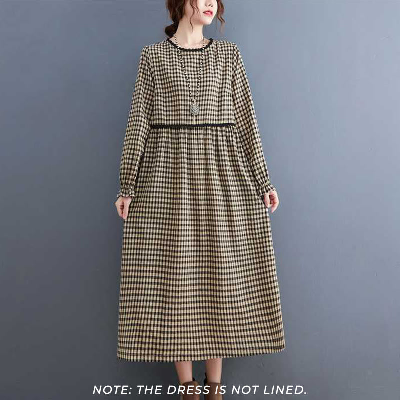 Buddha Stones Fall Plaid Pattern Ruffled Crew Neck Design Cotton Long Sleeve Midi Dress With Pockets - image 7