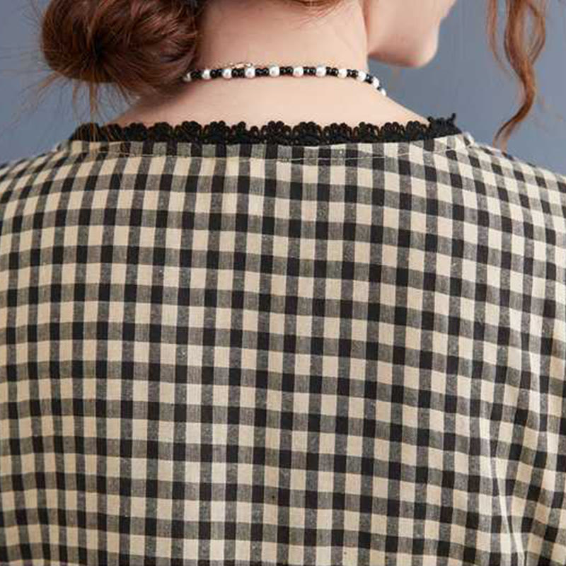 Buddha Stones Fall Plaid Pattern Ruffled Crew Neck Design Cotton Long Sleeve Midi Dress With Pockets - image 13