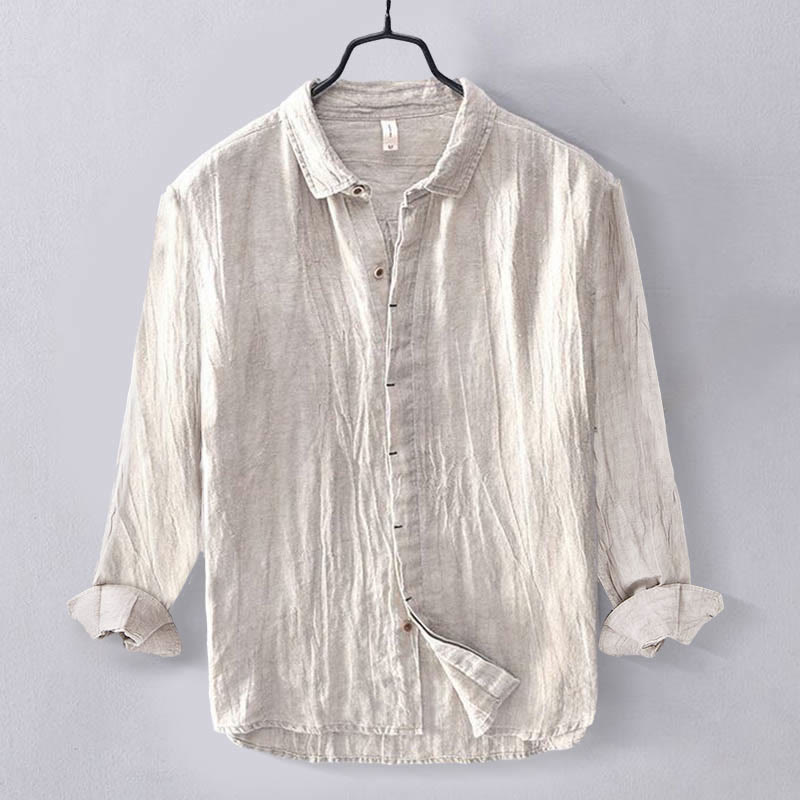 Buddha Stones Men's Shirt Solid Color Lapel Top Long Sleeve Comfy Button Crease Cotton Linen Shirt - Beige - US/UK/AU50，EU60 (5XL) - image 14