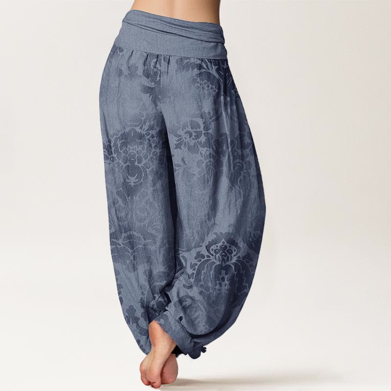 Buddha Stones Pure Cotton Casual Flower Leaves Design Women's Elastic Waist Harem Pants - image 1