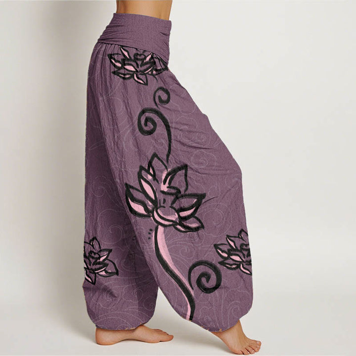 Buddha Stones Pure Cotton Casual Lotus Auspicious Clouds Design Women's Elastic Waist Harem Pants - image 11