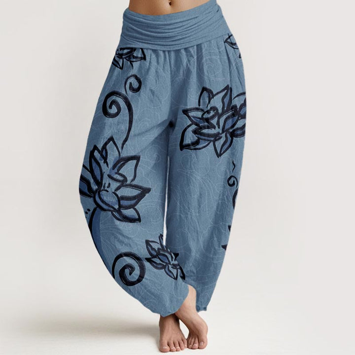Buddha Stones Pure Cotton Casual Lotus Auspicious Clouds Design Women's Elastic Waist Harem Pants - MediumTurquoise - US22，UK/AU26，EU54 (6XL) - image 6