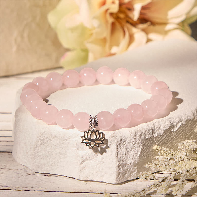 Buddha Stones 925 Sterling Silver Lotus Design Natural Pink Crystal Soothing Bracelet - image 1