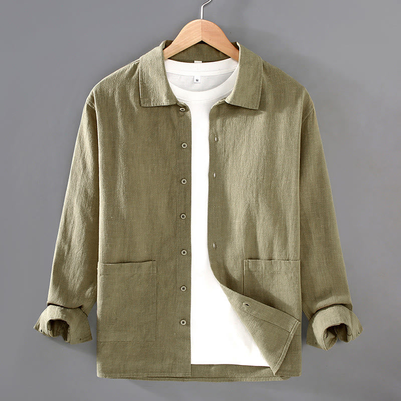 Buddha Stones Solid Color Long Sleeve Buttons Shirt Men Ramie Cotton Clothing With Pockets - YellowGreen - US/UK/AU42，EU52 (3XL) - image 7