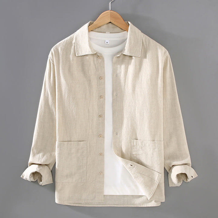 Buddha Stones Solid Color Long Sleeve Buttons Shirt Men Ramie Cotton Clothing With Pockets - Linen - US/UK/AU42，EU52 (3XL) - image 0