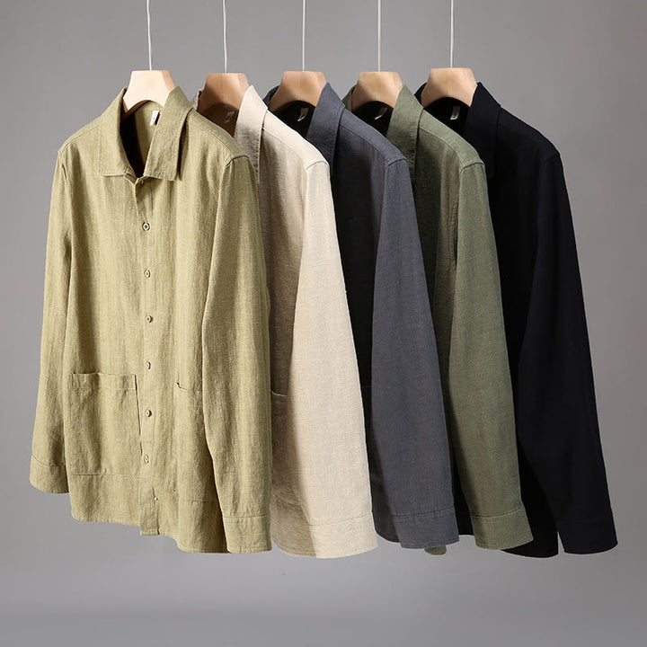 Buddha Stones Solid Color Long Sleeve Buttons Shirt Men Ramie Cotton Clothing With Pockets - image 11