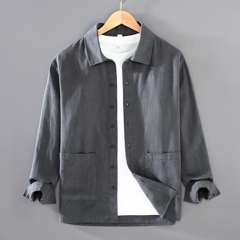 Buddha Stones Solid Color Long Sleeve Buttons Shirt Men Ramie Cotton Clothing With Pockets - SlateGray - US/UK/AU42，EU52 (3XL) - image 8