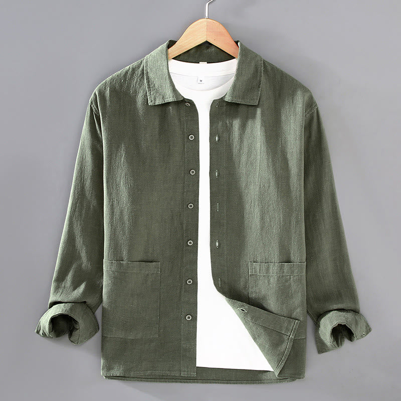 Buddha Stones Solid Color Long Sleeve Buttons Shirt Men Ramie Cotton Clothing With Pockets - DarkOliveGreen - US/UK/AU42，EU52 (3XL) - image 10