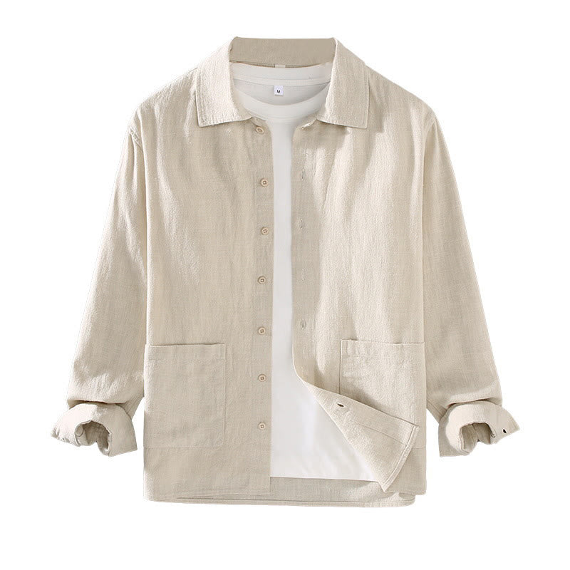 Buddha Stones Solid Color Long Sleeve Buttons Shirt Men Ramie Cotton Clothing With Pockets - image 6