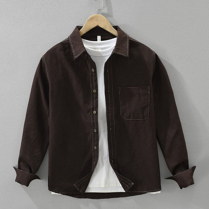 Buddha Stones Commute Buttons Long Sleeve Plain Shirt Men Clothing With Pocket - SaddleBrown - US/UK/AU42，EU52 (3XL) - image 0