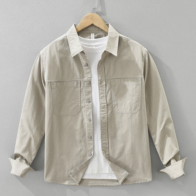 Buddha Stones Daily Plain Buttons Design Men's Long Sleeve Pure Cotton Shirt With Pockets - Tan - US/UK/AU42，EU52 (3XL) - image 0