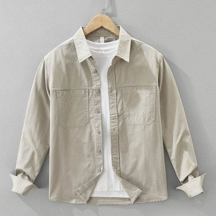 Buddha Stones Daily Plain Buttons Design Men's Long Sleeve Pure Cotton Shirt With Pockets - Tan - US/UK/AU42，EU52 (3XL) - image 0
