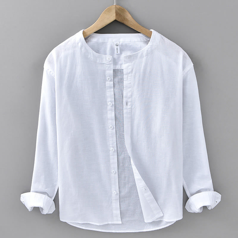 Buddha Stones Men's Spring Pure Color Stand Collar Cotton Linen Long Sleeve Shirt - White - US/UK/AU42，EU52 (3XL) - image 4