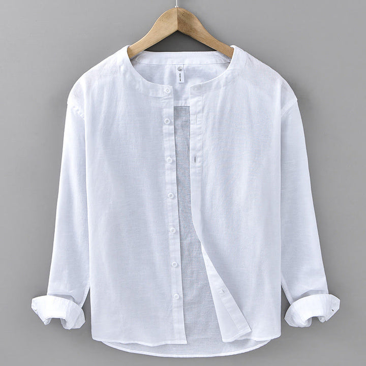Buddha Stones Men's Spring Pure Color Stand Collar Cotton Linen Long Sleeve Shirt - White - US/UK/AU42，EU52 (3XL) - image 4