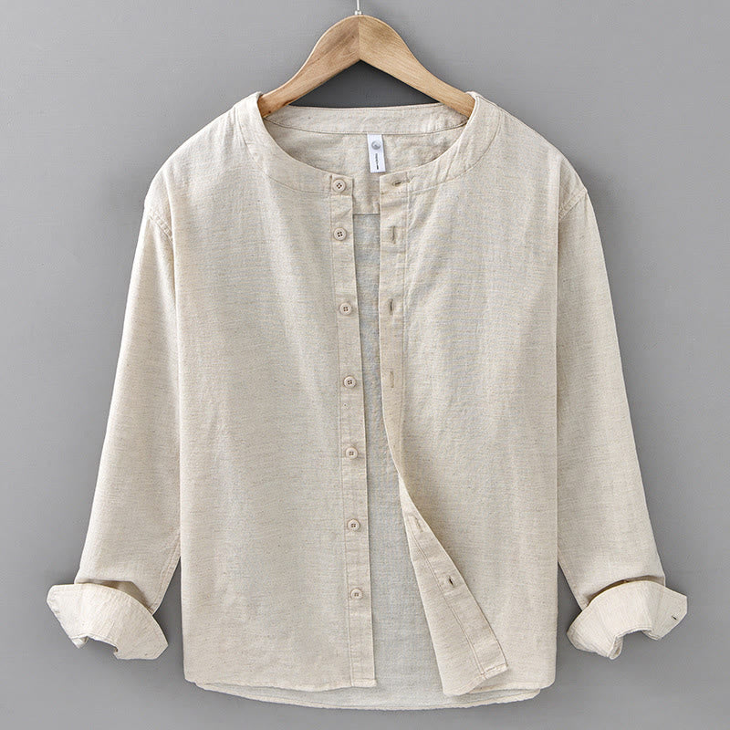 Buddha Stones Men's Spring Pure Color Stand Collar Cotton Linen Long Sleeve Shirt - Linen - US/UK/AU42，EU52 (3XL) - image 8