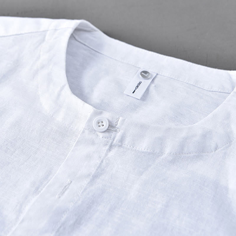 Buddha Stones Men's Spring Pure Color Stand Collar Cotton Linen Long Sleeve Shirt - image 5