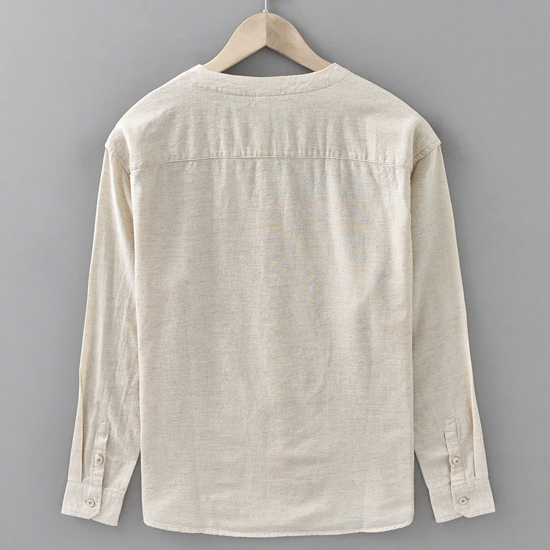 Buddha Stones Men's Spring Pure Color Stand Collar Cotton Linen Long Sleeve Shirt - image 9